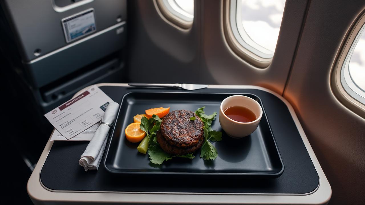 Plant-based airline meal tray with a burger patty, vegetables, and tea by the window