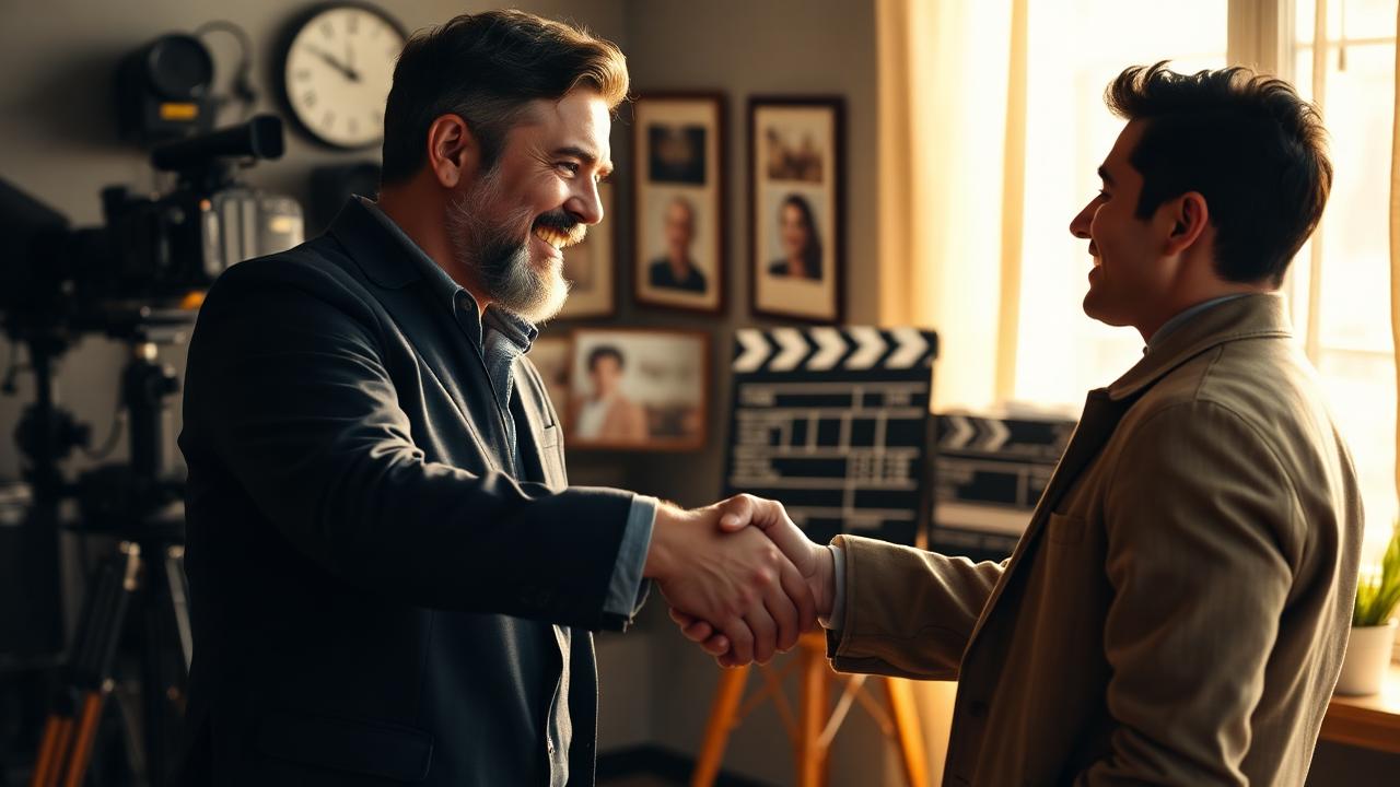 Friendly casting director greeting an actor in a warm casting office
