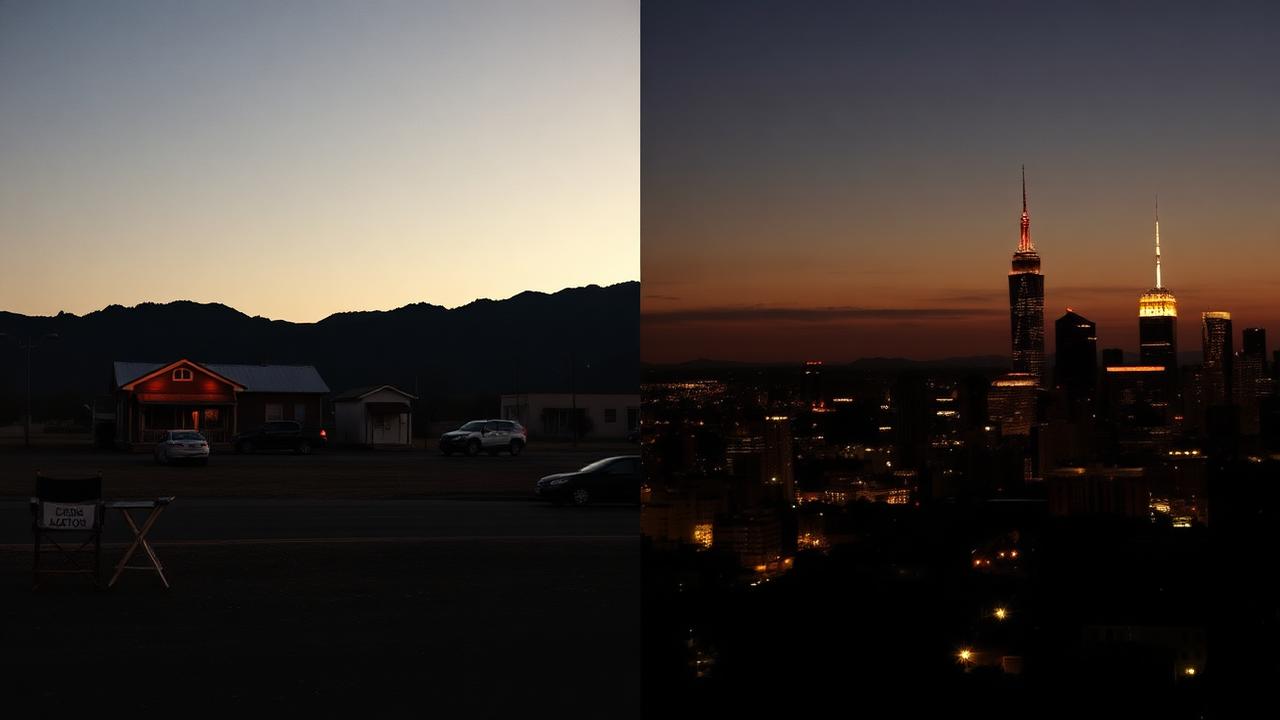 Split image of a small-town film location and the skylines of Los Angeles and New York
