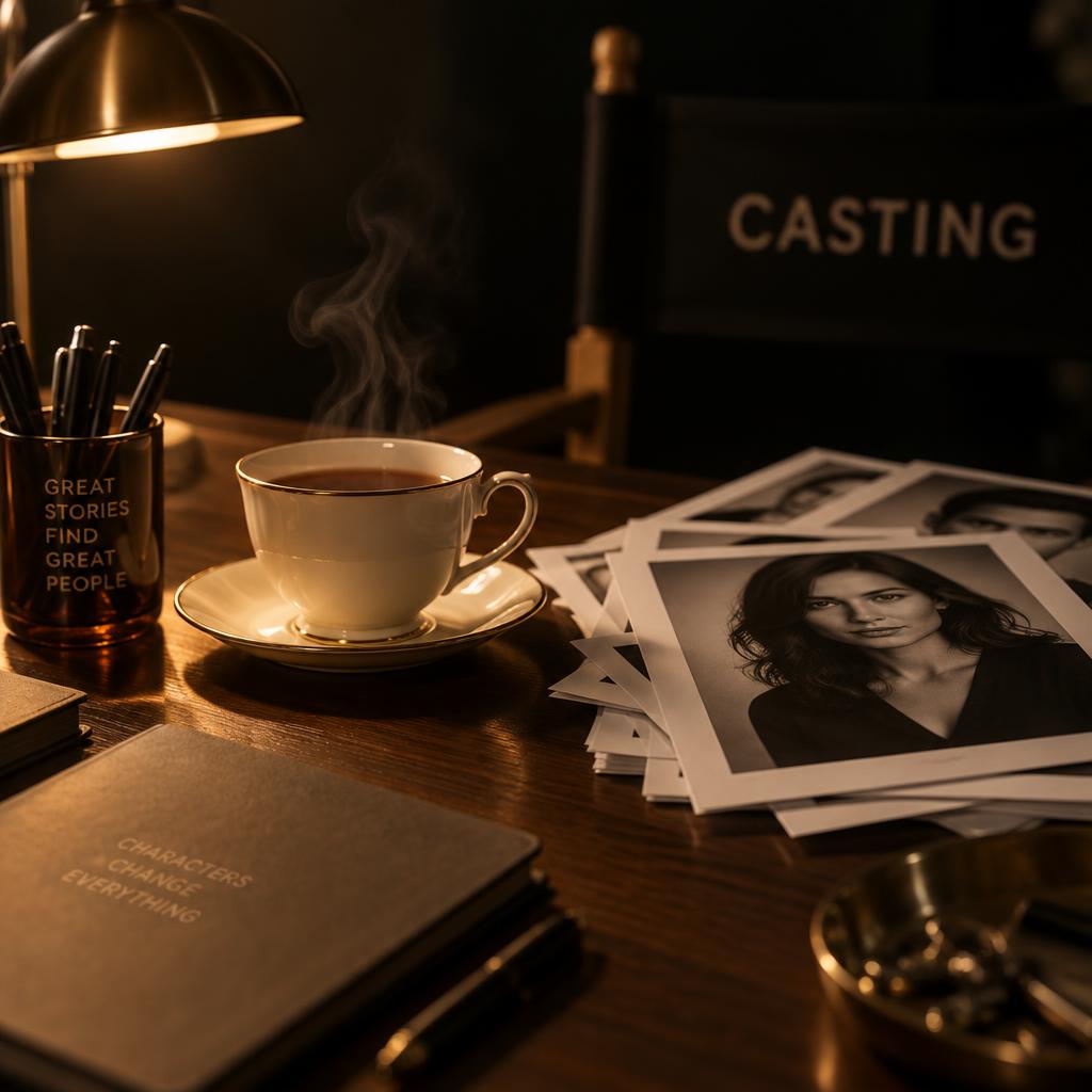Steaming tea cup on a casting office desk beside headshots