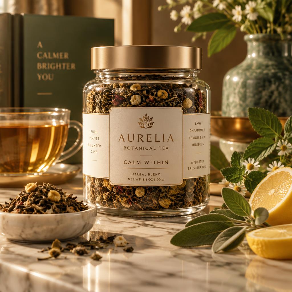 Elegant glass tea jar surrounded by herbs and lemon slices